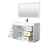 Miranda 60 Inch Single Bathroom Vanity in White, 4 Inch Thick Matte White Solid Surface Countertop, Integrated Sink, Matte Black Trim, 58 Inch Mirror