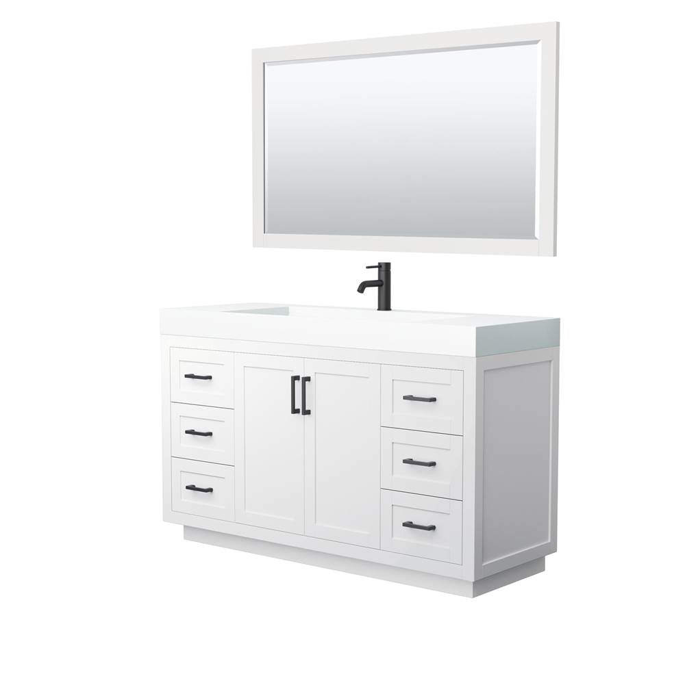 Wyndham Collection - Miranda 60 Inch Single Bathroom Vanity in White, 4 Inch Thick Matte White Solid Surface Countertop, Integrated Sink, Matte Black Trim, 58 Inch Mirror