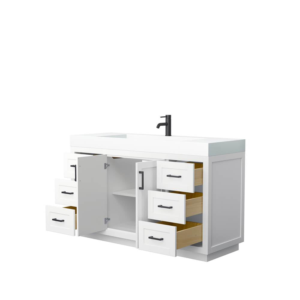 Miranda 60 Inch Single Bathroom Vanity in White, 4 Inch Thick Matte White Solid Surface Countertop, Integrated Sink, Matte Black Trim