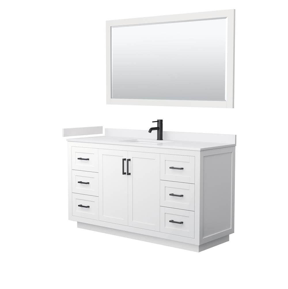 Wyndham Collection - Miranda 60 Inch Single Bathroom Vanity in White, White Cultured Marble Countertop, Undermount Square Sink, Matte Black Trim, 58 Inch Mirror