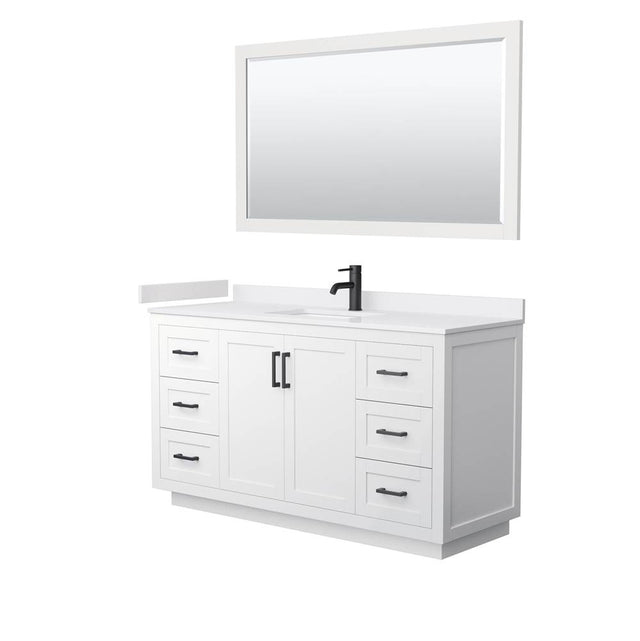 Wyndham Collection - Miranda 60 Inch Single Bathroom Vanity in White, White Cultured Marble Countertop, Undermount Square Sink, Matte Black Trim, 58 Inch Mirror