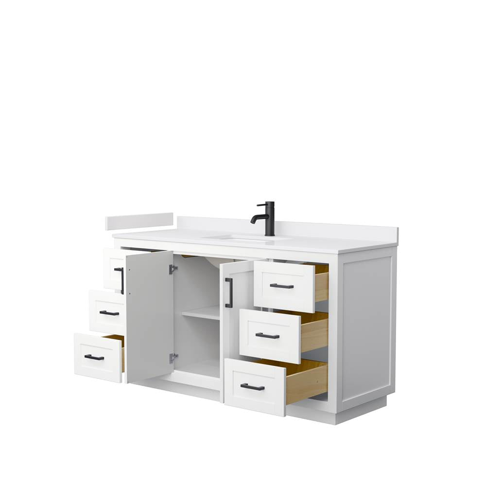 Miranda 60 Inch Single Bathroom Vanity in White, White Cultured Marble Countertop, Undermount Square Sink, Matte Black Trim