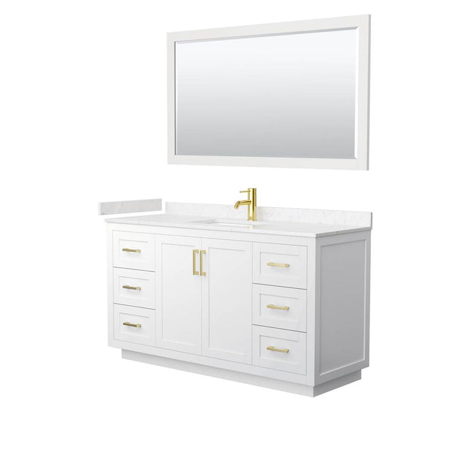 Wyndham Collection - Miranda 60 Inch Single Bathroom Vanity in White, Carrara Cultured Marble Countertop, Undermount Square Sink, Brushed Gold Trim, 58 Inch Mirror