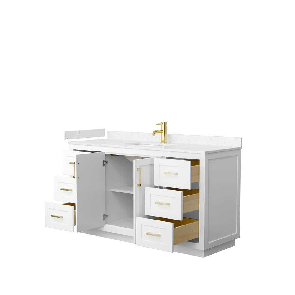 Miranda 60 Inch Single Bathroom Vanity in White, Carrara Cultured Marble Countertop, Undermount Square Sink, Brushed Gold Trim