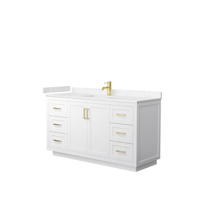 Wyndham Collection - Miranda 60 Inch Single Bathroom Vanity in White, Carrara Cultured Marble Countertop, Undermount Square Sink, Brushed Gold Trim