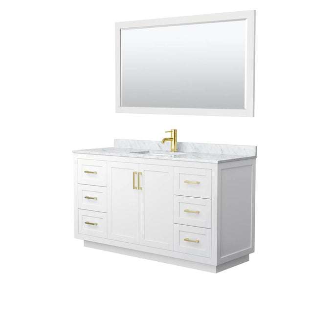 Wyndham Collection - Miranda 60 Inch Single Bathroom Vanity in White, White Carrara Marble Countertop, Undermount Square Sink, Brushed Gold Trim, 58 Inch Mirror