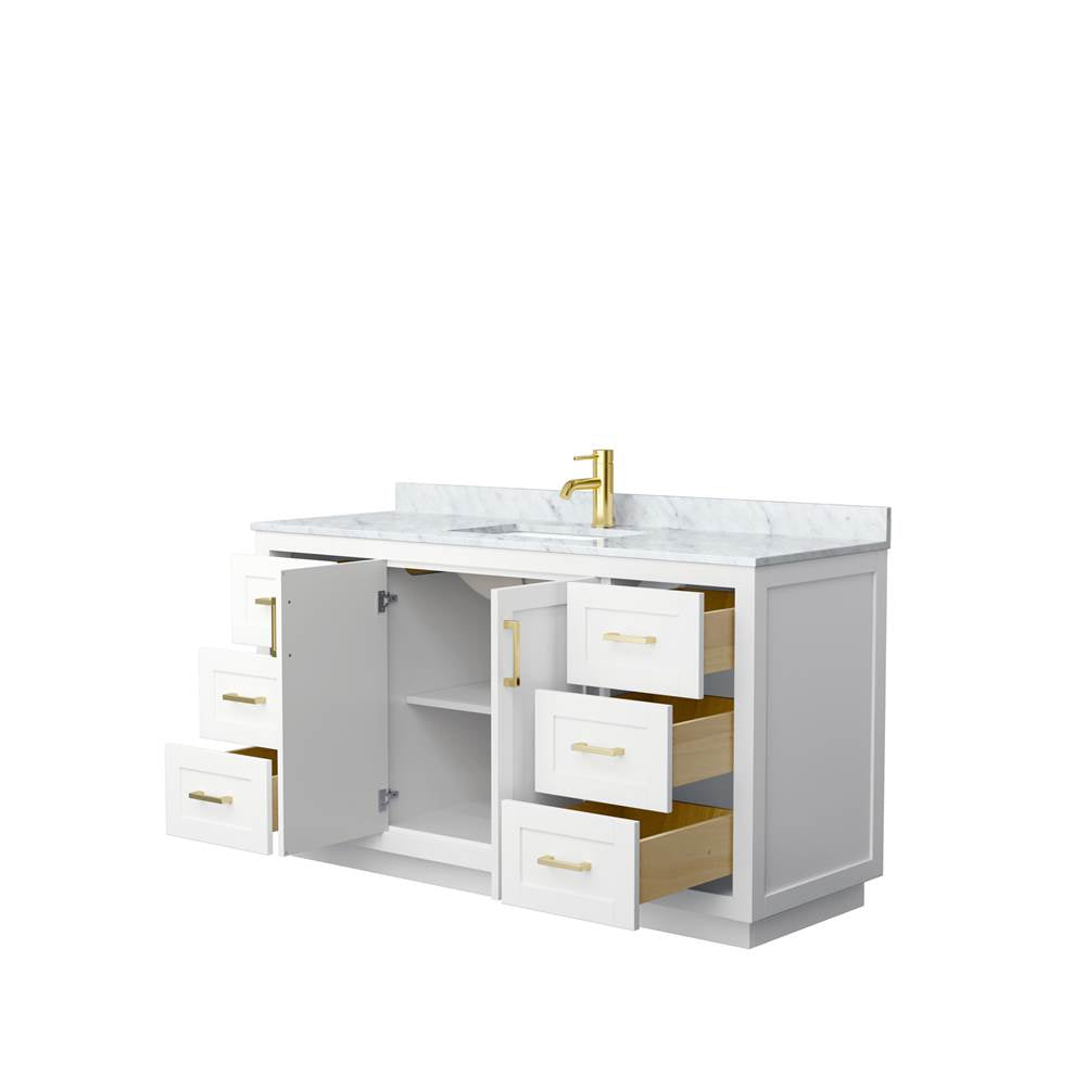 Miranda 60 Inch Single Bathroom Vanity in White, White Carrara Marble Countertop, Undermount Square Sink, Brushed Gold Trim