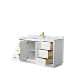 Miranda 60 Inch Single Bathroom Vanity in White, White Carrara Marble Countertop, Undermount Square Sink, Brushed Gold Trim