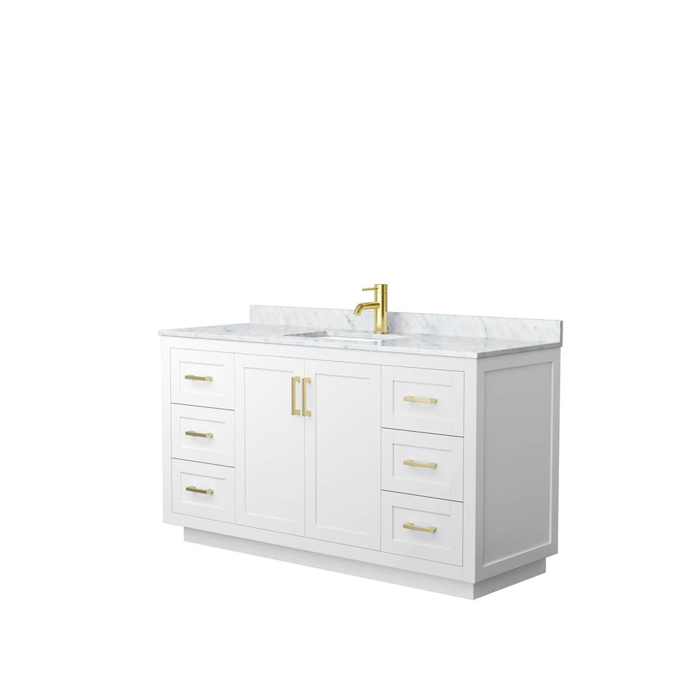 Wyndham Collection - Miranda 60 Inch Single Bathroom Vanity in White, White Carrara Marble Countertop, Undermount Square Sink, Brushed Gold Trim