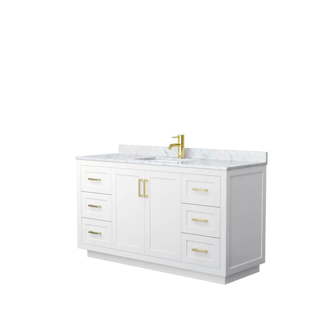 Wyndham Collection - Miranda 60 Inch Single Bathroom Vanity in White, White Carrara Marble Countertop, Undermount Square Sink, Brushed Gold Trim