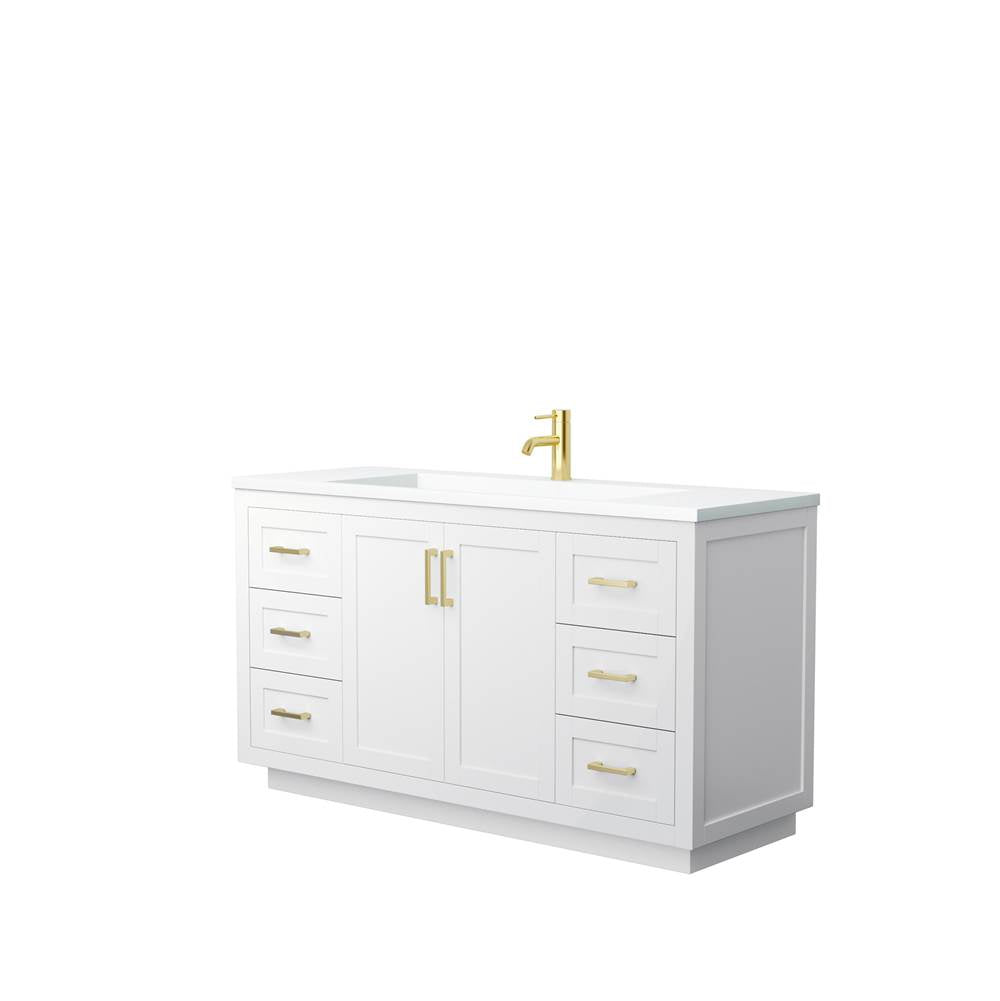 Wyndham Collection - Miranda 60 Inch Single Bathroom Vanity in White, 1.25 Inch Thick Matte White Solid Surface Countertop, Integrated Sink, Brushed Gold Trim