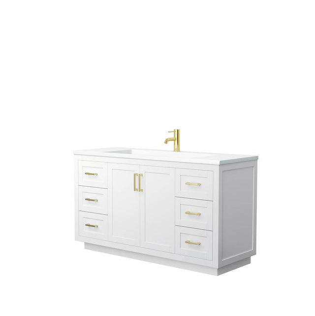 Wyndham Collection - Miranda 60 Inch Single Bathroom Vanity in White, 1.25 Inch Thick Matte White Solid Surface Countertop, Integrated Sink, Brushed Gold Trim