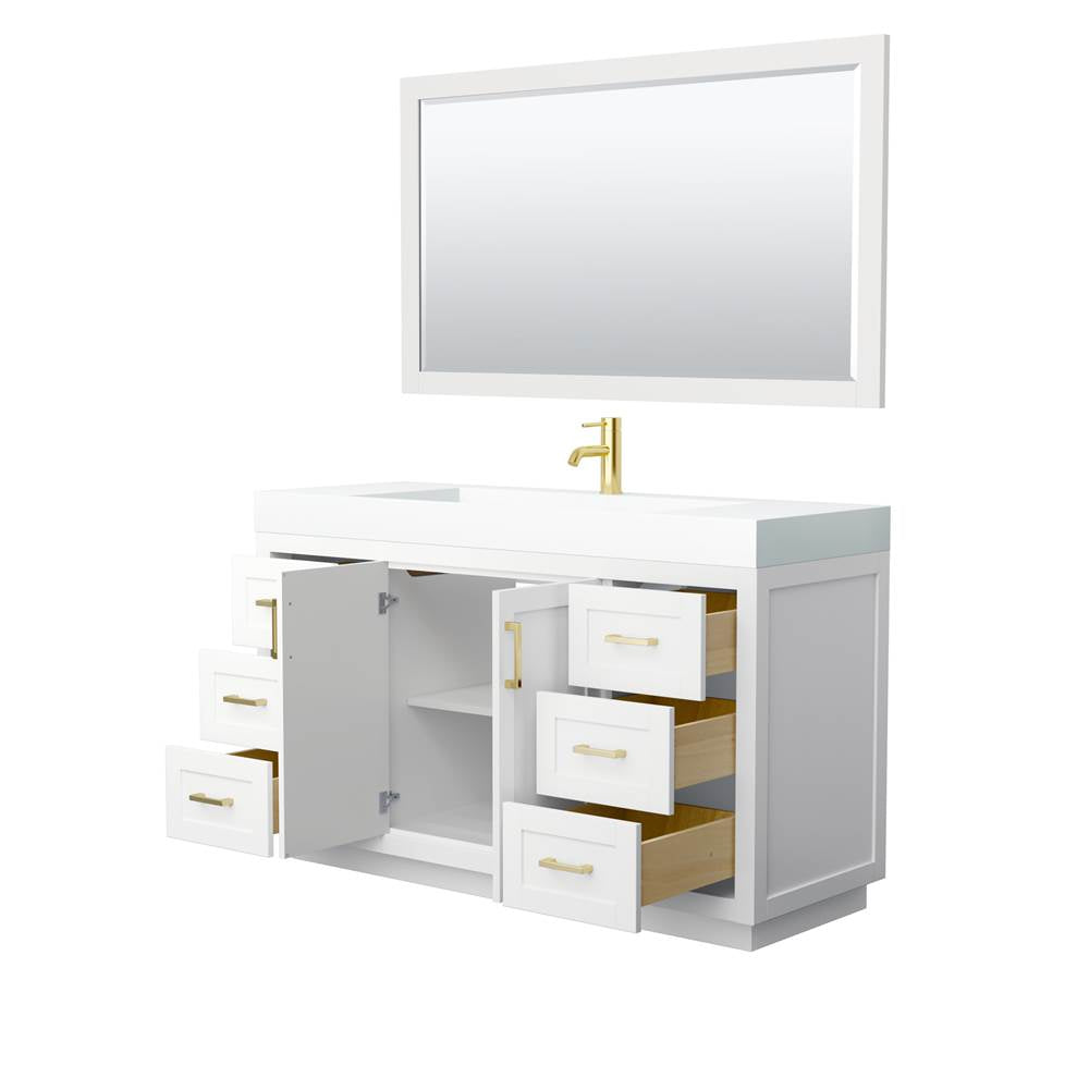 Miranda 60 Inch Single Bathroom Vanity in White, 4 Inch Thick Matte White Solid Surface Countertop, Integrated Sink, Brushed Gold Trim, 58 Inch Mirror