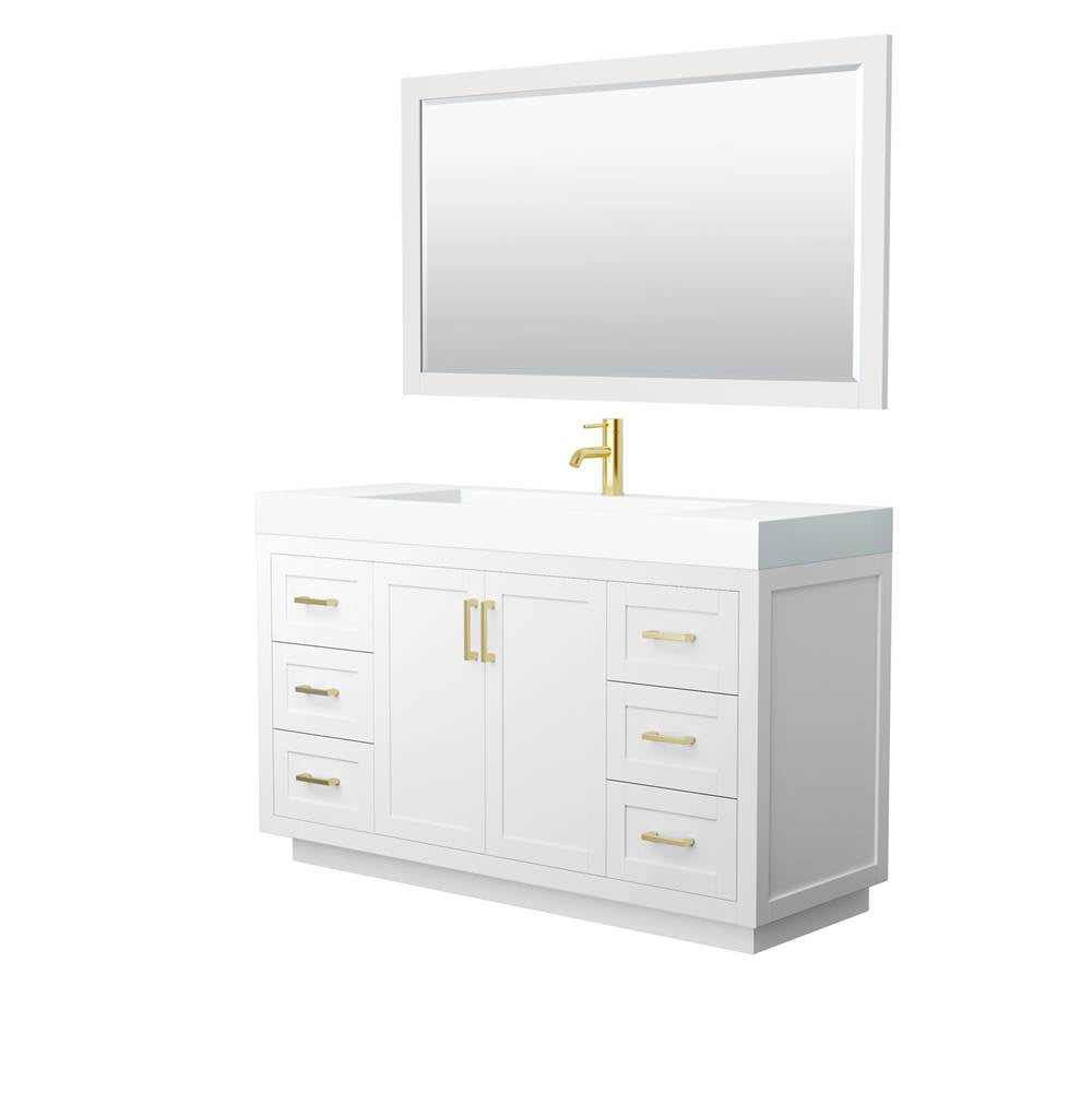 Wyndham Collection - Miranda 60 Inch Single Bathroom Vanity in White, 4 Inch Thick Matte White Solid Surface Countertop, Integrated Sink, Brushed Gold Trim, 58 Inch Mirror