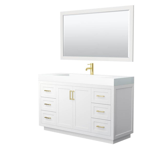 Wyndham Collection - Miranda 60 Inch Single Bathroom Vanity in White, 4 Inch Thick Matte White Solid Surface Countertop, Integrated Sink, Brushed Gold Trim, 58 Inch Mirror