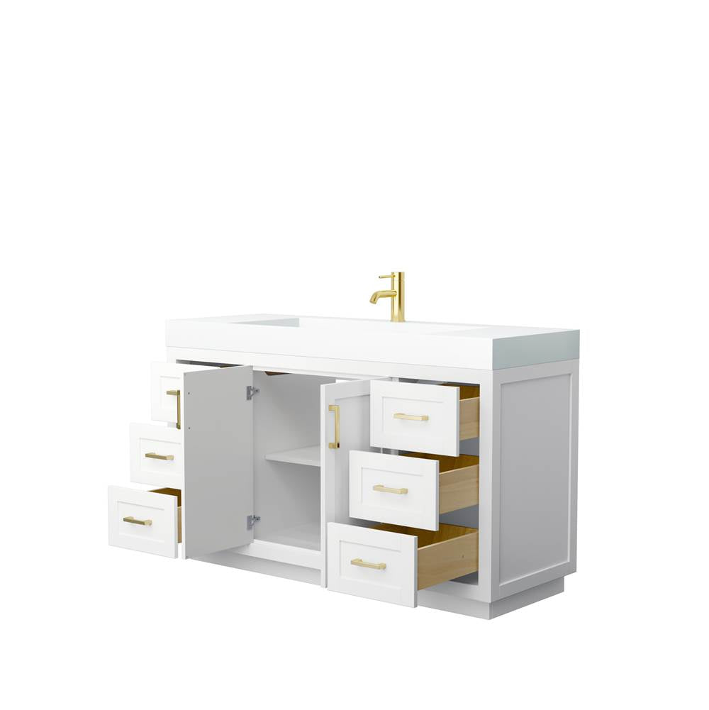 Miranda 60 Inch Single Bathroom Vanity in White, 4 Inch Thick Matte White Solid Surface Countertop, Integrated Sink, Brushed Gold Trim