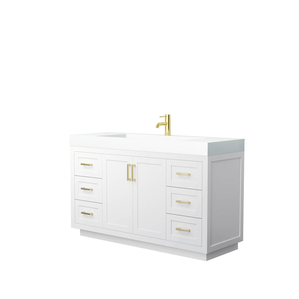 Wyndham Collection - Miranda 60 Inch Single Bathroom Vanity in White, 4 Inch Thick Matte White Solid Surface Countertop, Integrated Sink, Brushed Gold Trim