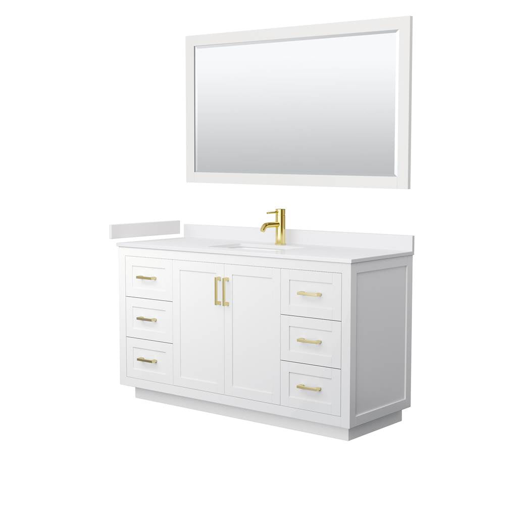 Wyndham Collection - Miranda 60 Inch Single Bathroom Vanity in White, White Cultured Marble Countertop, Undermount Square Sink, Brushed Gold Trim, 58 Inch Mirror
