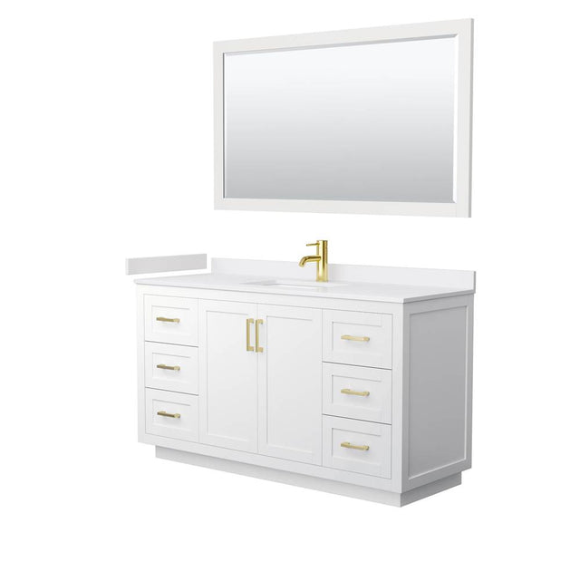 Wyndham Collection - Miranda 60 Inch Single Bathroom Vanity in White, White Cultured Marble Countertop, Undermount Square Sink, Brushed Gold Trim, 58 Inch Mirror