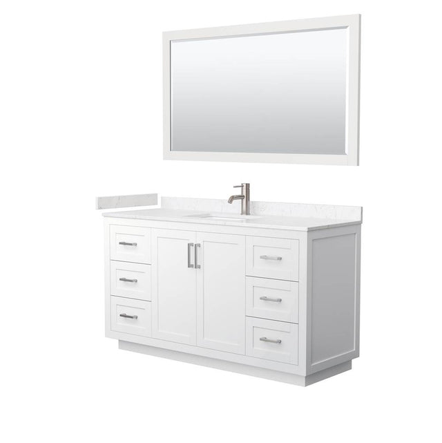 Wyndham Collection - Miranda 60 Inch Single Bathroom Vanity in White, Carrara Cultured Marble Countertop, Undermount Square Sink, Brushed Nickel Trim, 58 Inch Mirror