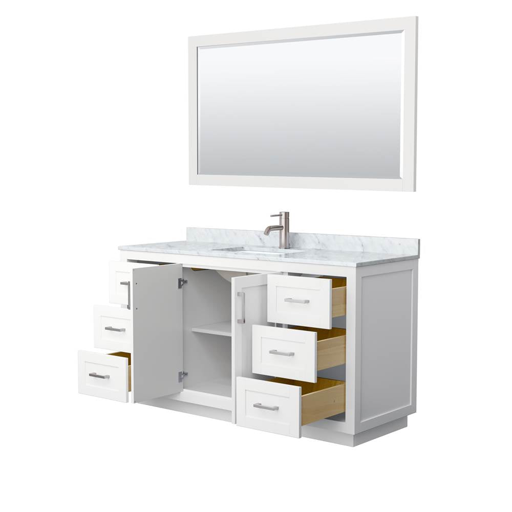 Miranda 60 Inch Single Bathroom Vanity in White, White Carrara Marble Countertop, Undermount Square Sink, Brushed Nickel Trim, 58 Inch Mirror