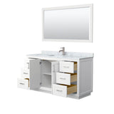 Miranda 60 Inch Single Bathroom Vanity in White, White Carrara Marble Countertop, Undermount Square Sink, Brushed Nickel Trim, 58 Inch Mirror