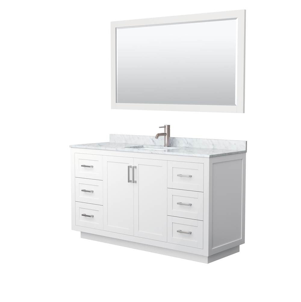 Wyndham Collection - Miranda 60 Inch Single Bathroom Vanity in White, White Carrara Marble Countertop, Undermount Square Sink, Brushed Nickel Trim, 58 Inch Mirror