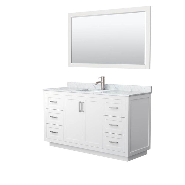Wyndham Collection - Miranda 60 Inch Single Bathroom Vanity in White, White Carrara Marble Countertop, Undermount Square Sink, Brushed Nickel Trim, 58 Inch Mirror