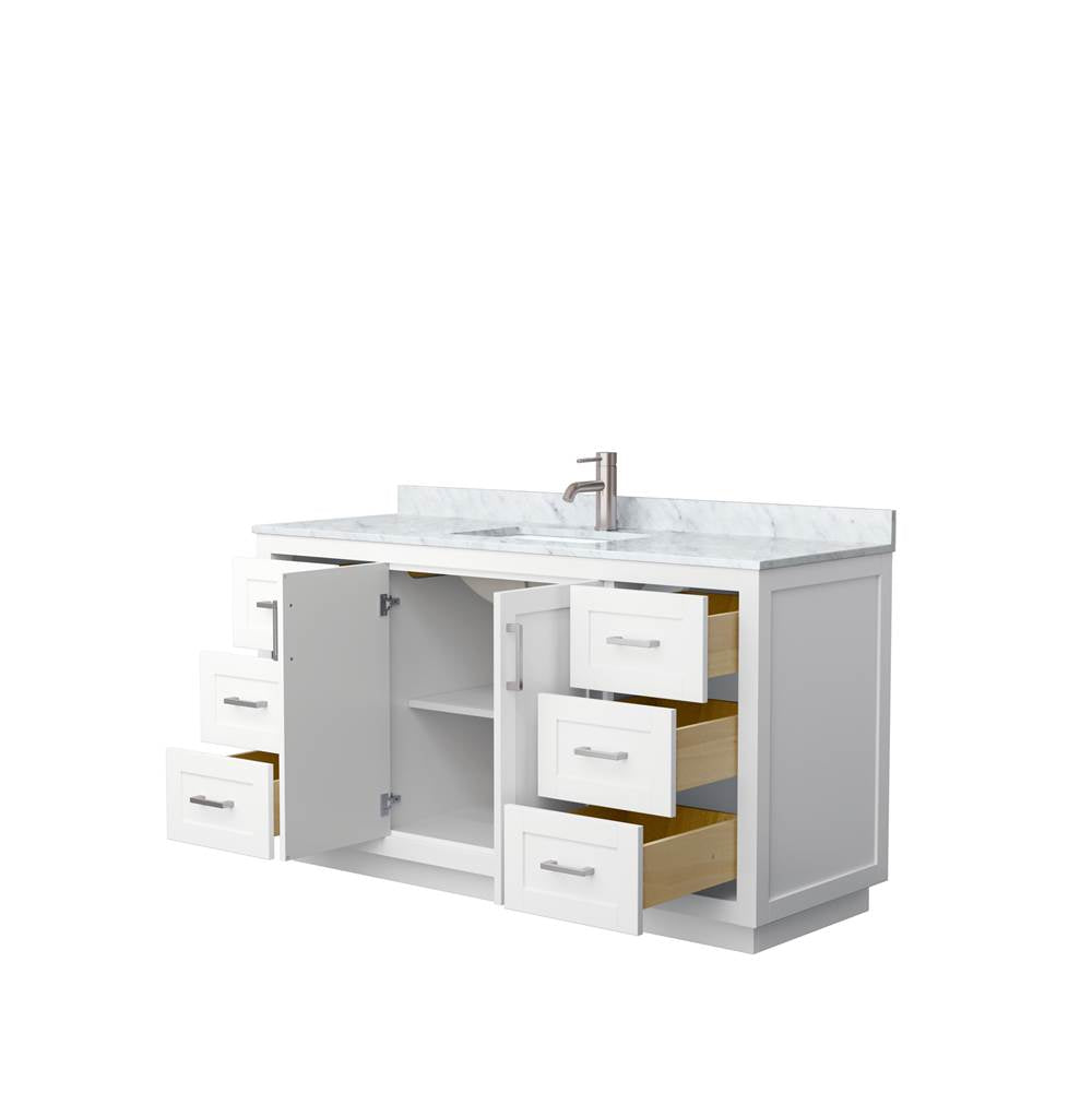 Miranda 60 Inch Single Bathroom Vanity in White, White Carrara Marble Countertop, Undermount Square Sink, Brushed Nickel Trim