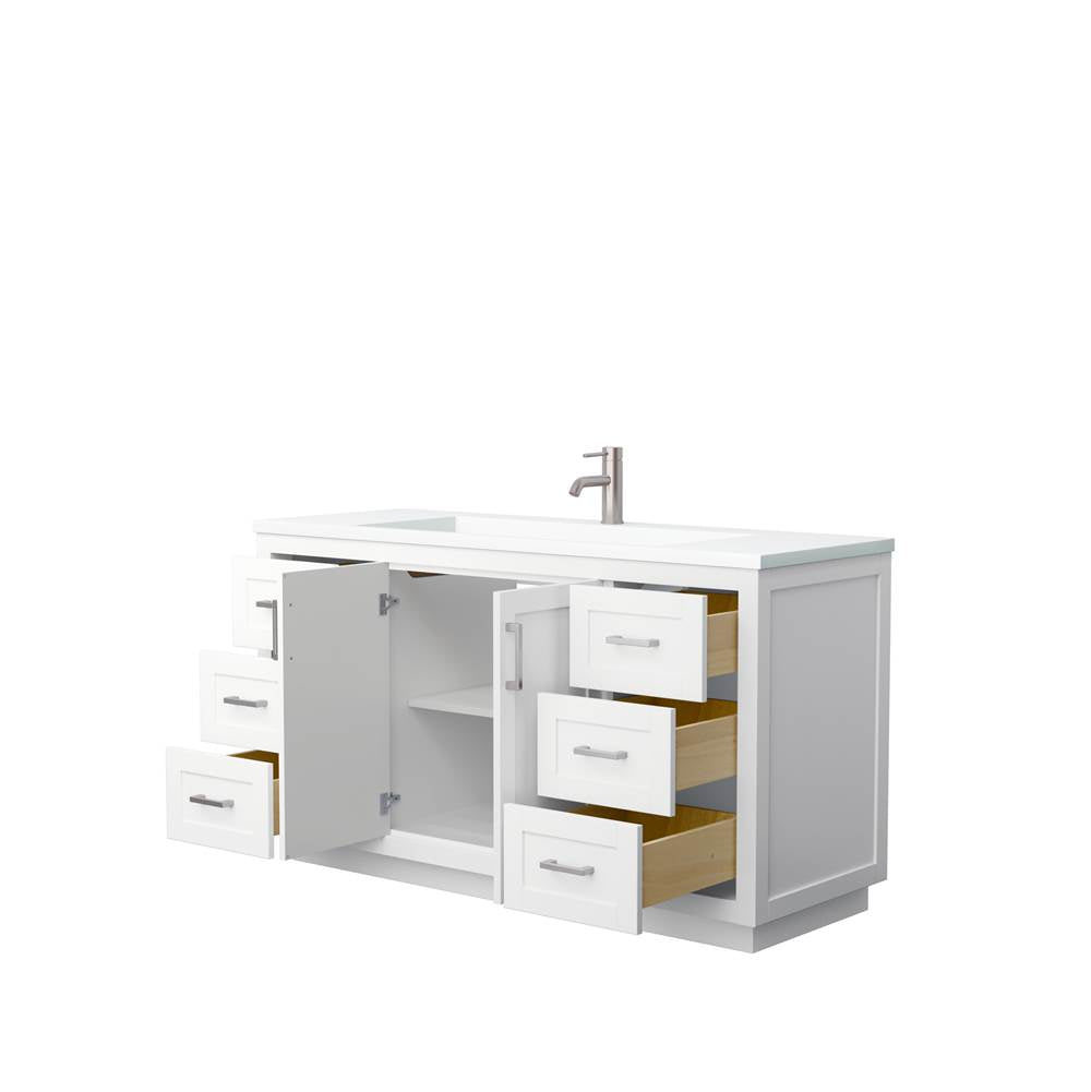 Miranda 60 Inch Single Bathroom Vanity in White, 1.25 Inch Thick Matte White Solid Surface Countertop, Integrated Sink, Brushed Nickel Trim
