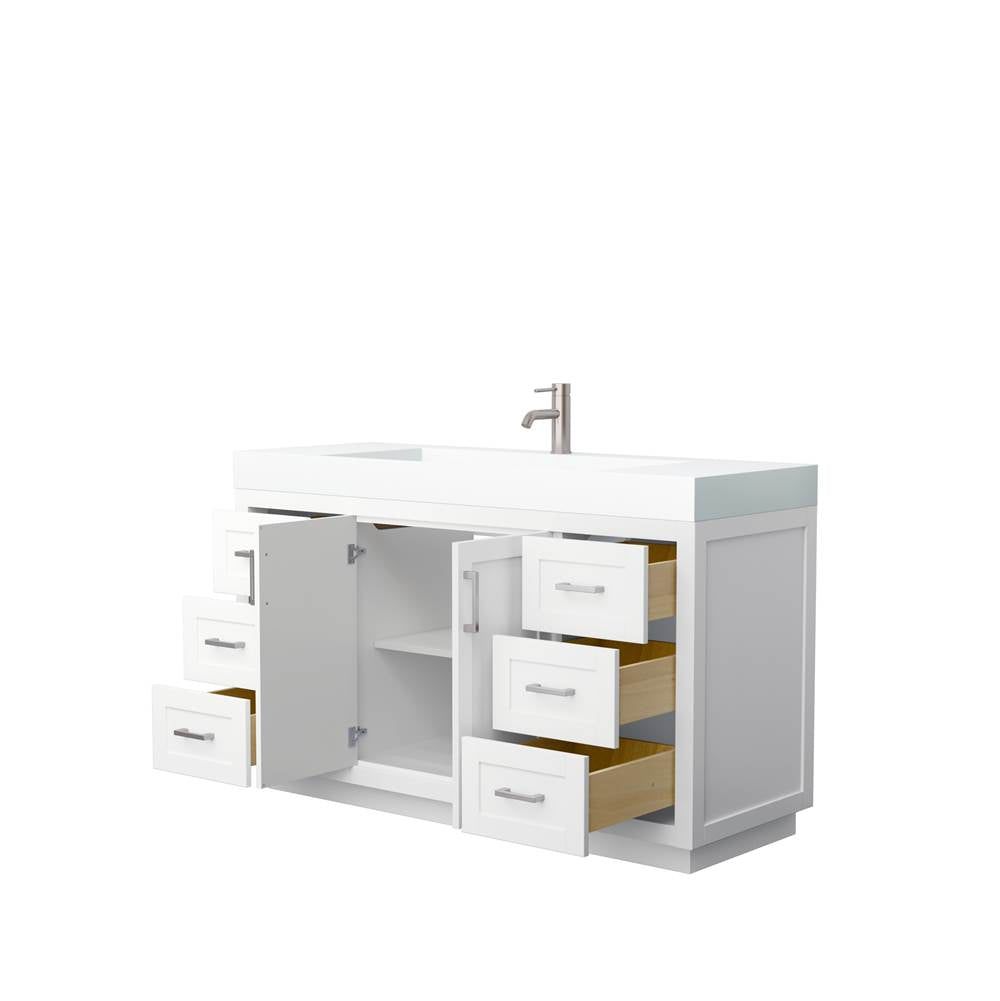 Miranda 60 Inch Single Bathroom Vanity in White, 4 Inch Thick Matte White Solid Surface Countertop, Integrated Sink, Brushed Nickel Trim