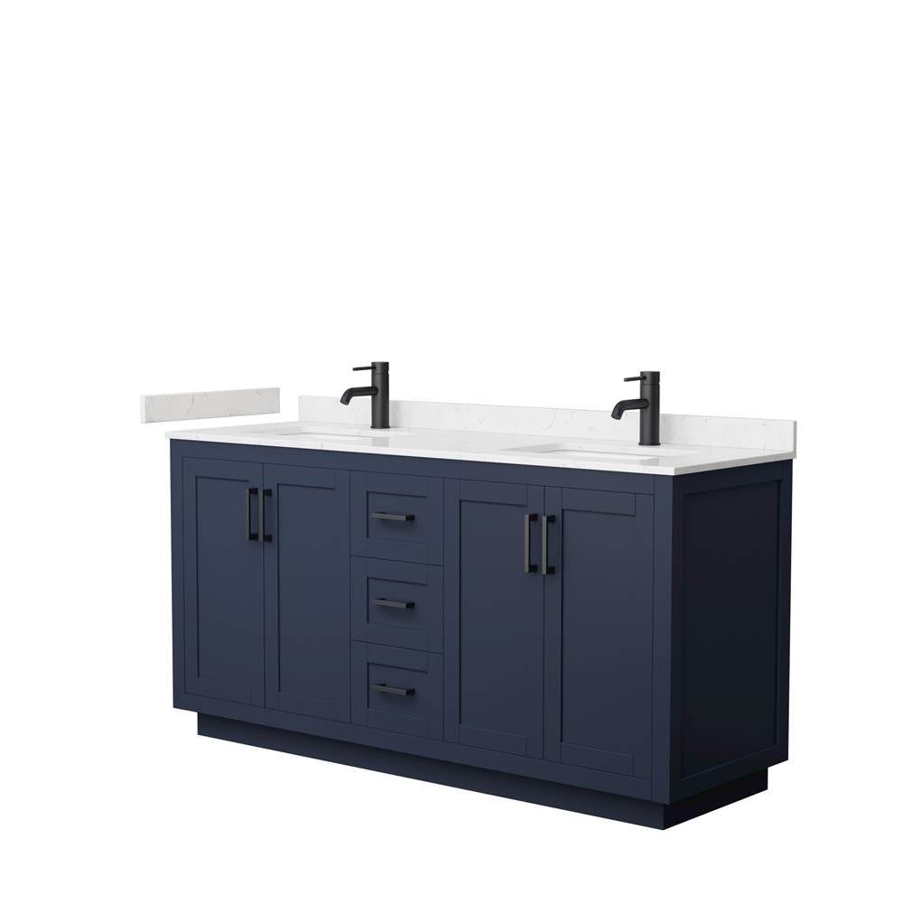 Wyndham Collection - Miranda 66 Inch Double Bathroom Vanity in Dark Blue, Carrara Cultured Marble Countertop, Undermount Square Sinks, Matte Black Trim
