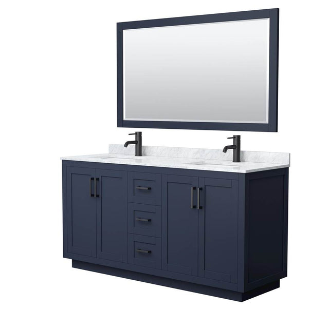 Wyndham Collection - Miranda 66 Inch Double Bathroom Vanity in Dark Blue, White Carrara Marble Countertop, Undermount Square Sinks, Matte Black Trim, 58 Inch Mirror