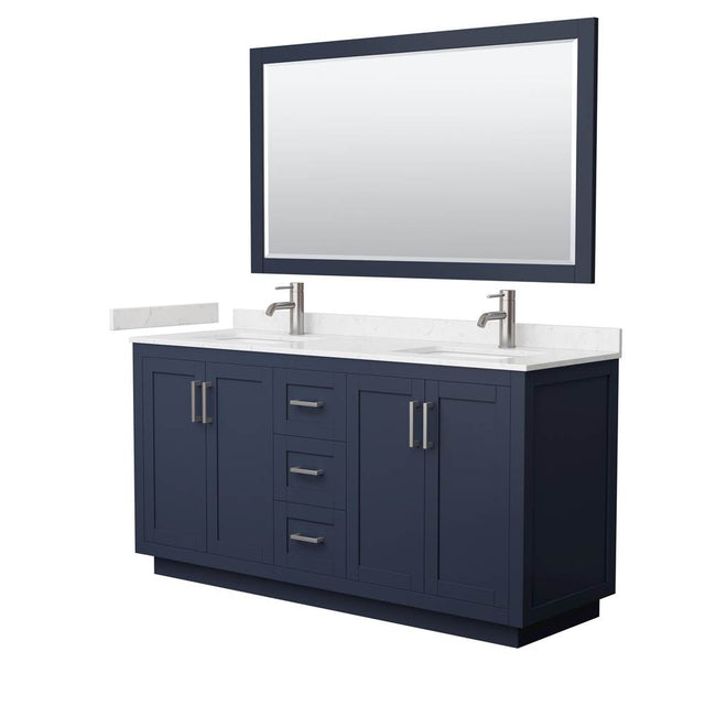 Wyndham Collection - Miranda 66 Inch Double Bathroom Vanity in Dark Blue, Carrara Cultured Marble Countertop, Undermount Square Sinks, Brushed Nickel Trim, 58 Inch Mirror