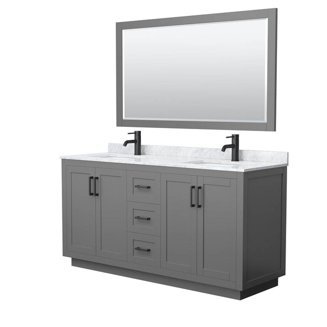 Wyndham Collection - Miranda 66 Inch Double Bathroom Vanity in Dark Gray, White Carrara Marble Countertop, Undermount Square Sinks, Matte Black Trim, 58 Inch Mirror