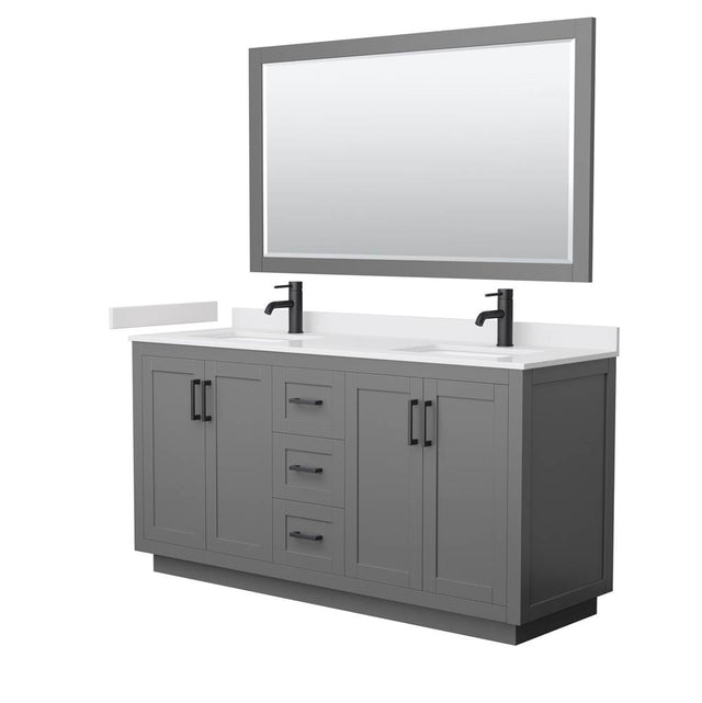 Wyndham Collection - Miranda 66 Inch Double Bathroom Vanity in Dark Gray, White Cultured Marble Countertop, Undermount Square Sinks, Matte Black Trim, 58 Inch Mirror