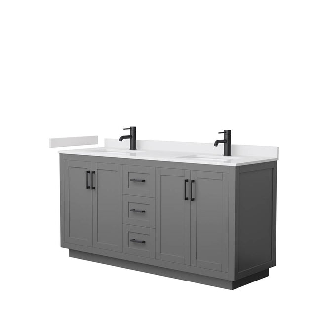 Wyndham Collection - Miranda 66 Inch Double Bathroom Vanity in Dark Gray, White Cultured Marble Countertop, Undermount Square Sinks, Matte Black Trim