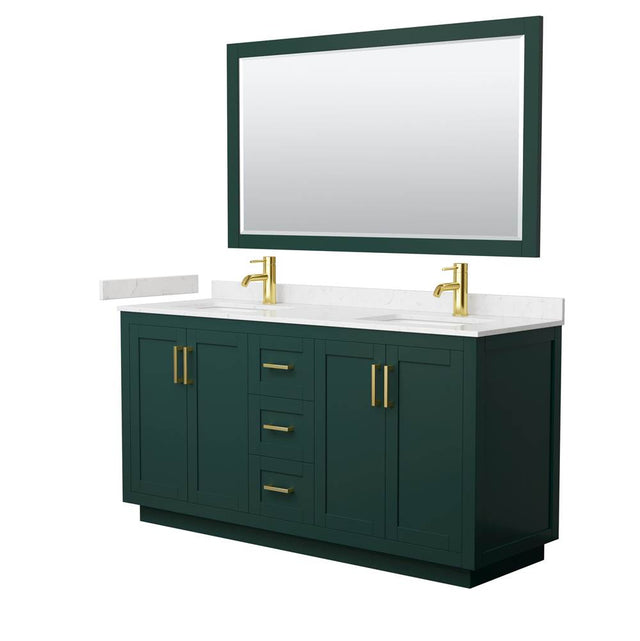 Wyndham Collection - Miranda 66 Inch Double Bathroom Vanity in Green, Carrara Cultured Marble Countertop, Undermount Square Sinks, Brushed Gold Trim, 58 Inch Mirror