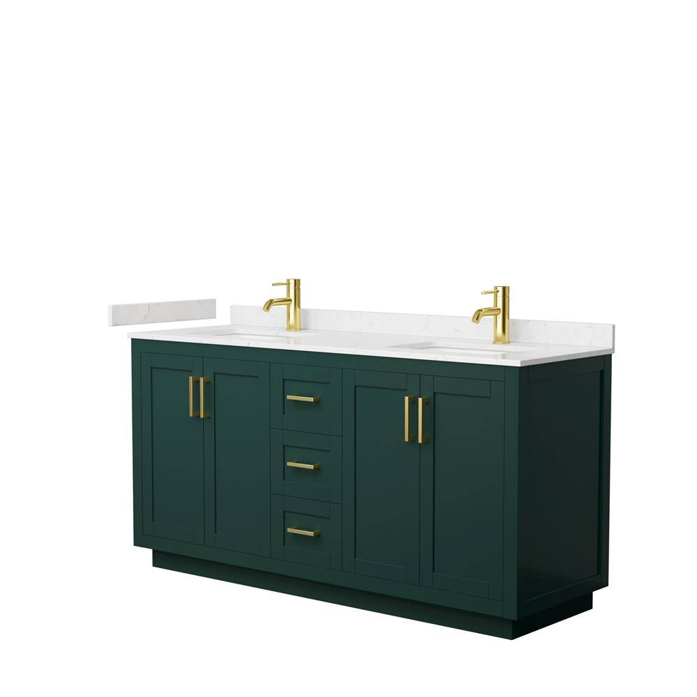 Wyndham Collection - Miranda 66 Inch Double Bathroom Vanity in Green, Carrara Cultured Marble Countertop, Undermount Square Sinks, Brushed Gold Trim