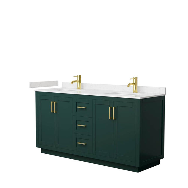 Wyndham Collection - Miranda 66 Inch Double Bathroom Vanity in Green, Carrara Cultured Marble Countertop, Undermount Square Sinks, Brushed Gold Trim