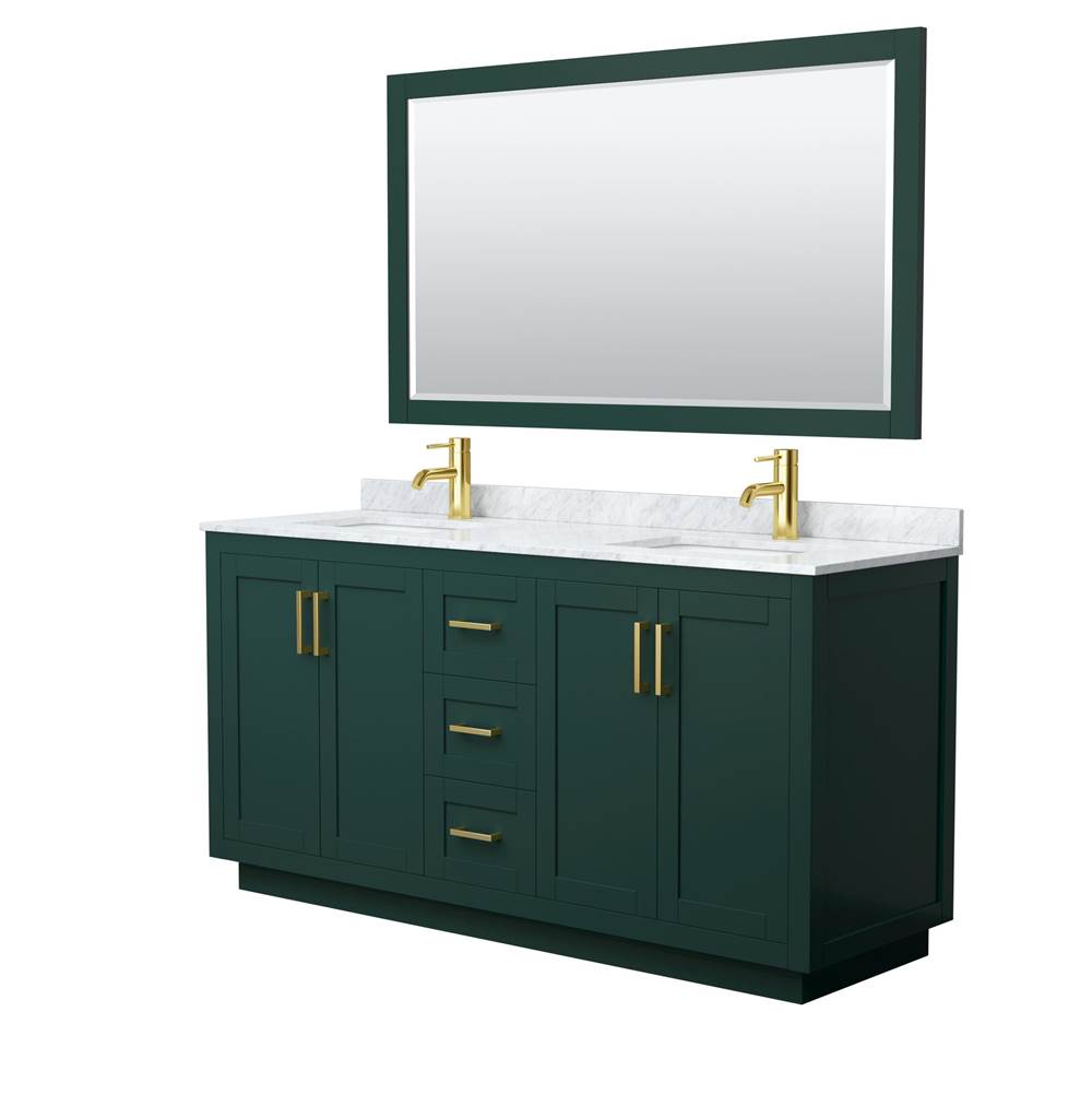 Wyndham Collection - Miranda 66 Inch Double Bathroom Vanity in Green, White Carrara Marble Countertop, Undermount Square Sinks, Brushed Gold Trim, 58 Inch Mirror