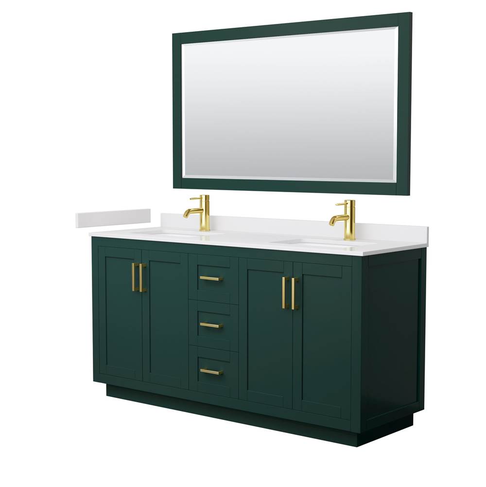 Wyndham Collection - Miranda 66 Inch Double Bathroom Vanity in Green, White Cultured Marble Countertop, Undermount Square Sinks, Brushed Gold Trim, 58 Inch Mirror