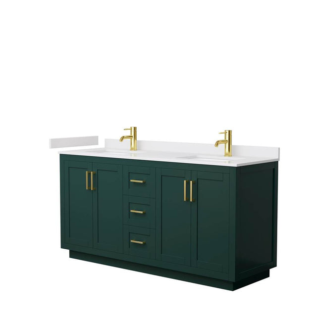 Wyndham Collection - Miranda 66 Inch Double Bathroom Vanity in Green, White Cultured Marble Countertop, Undermount Square Sinks, Brushed Gold Trim