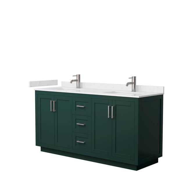 Wyndham Collection - Miranda 66 Inch Double Bathroom Vanity in Green, Carrara Cultured Marble Countertop, Undermount Square Sinks, Brushed Nickel Trim