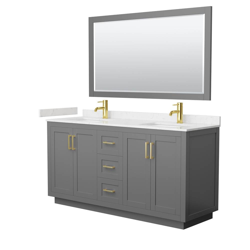 Wyndham Collection - Miranda 66 Inch Double Bathroom Vanity in Dark Gray, Carrara Cultured Marble Countertop, Undermount Square Sinks, Brushed Gold Trim, 58 Inch Mirror