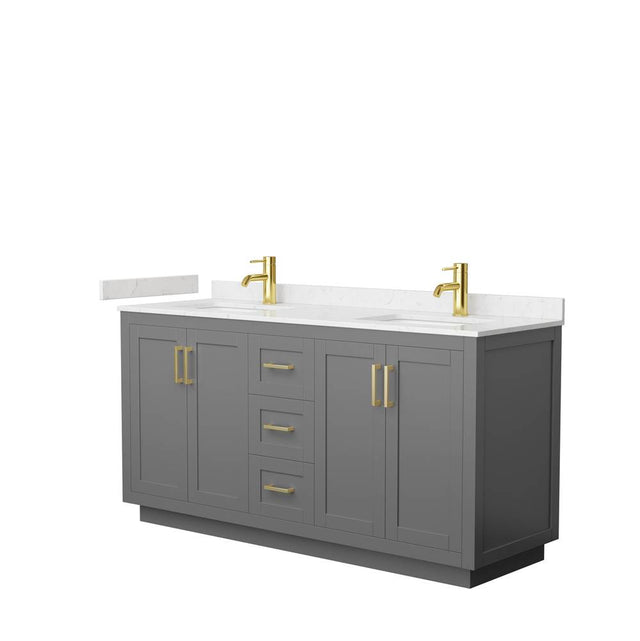 Wyndham Collection - Miranda 66 Inch Double Bathroom Vanity in Dark Gray, Carrara Cultured Marble Countertop, Undermount Square Sinks, Brushed Gold Trim