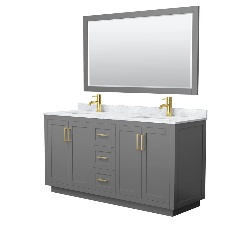 Wyndham Collection - Miranda 66 Inch Double Bathroom Vanity in Dark Gray, White Carrara Marble Countertop, Undermount Square Sinks, Brushed Gold Trim, 58 Inch Mirror