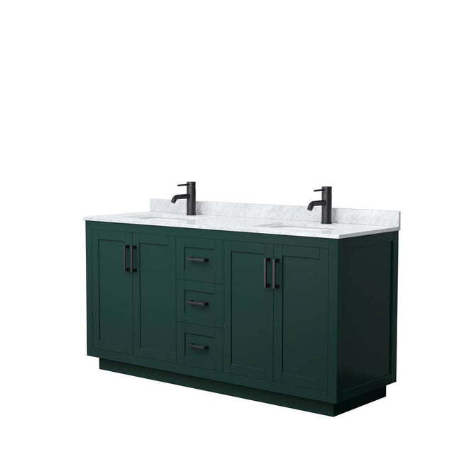 Wyndham Collection - Miranda 66 Inch Double Bathroom Vanity in Green, White Carrara Marble Countertop, Undermount Square Sinks, Matte Black Trim