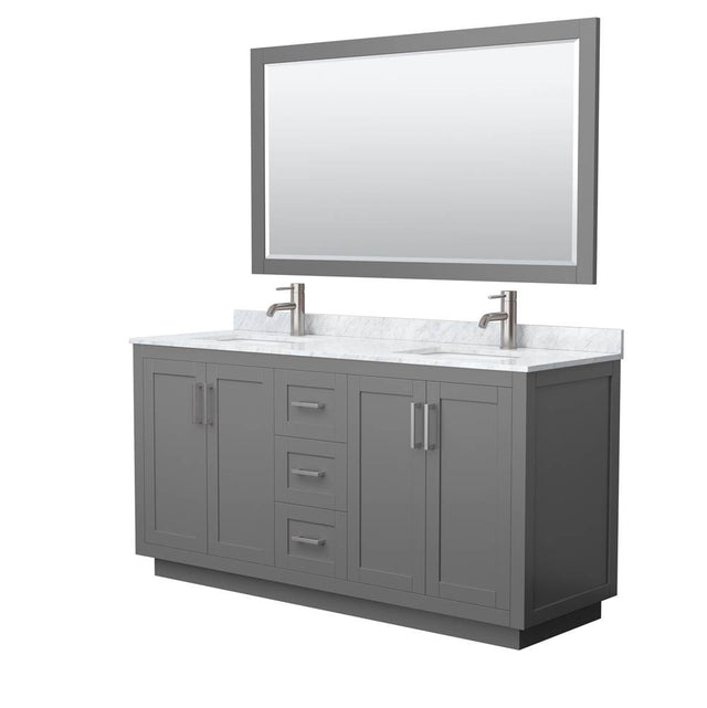 Wyndham Collection - Miranda 66 Inch Double Bathroom Vanity in Dark Gray, White Carrara Marble Countertop, Undermount Square Sinks, Brushed Nickel Trim, 58 Inch Mirror