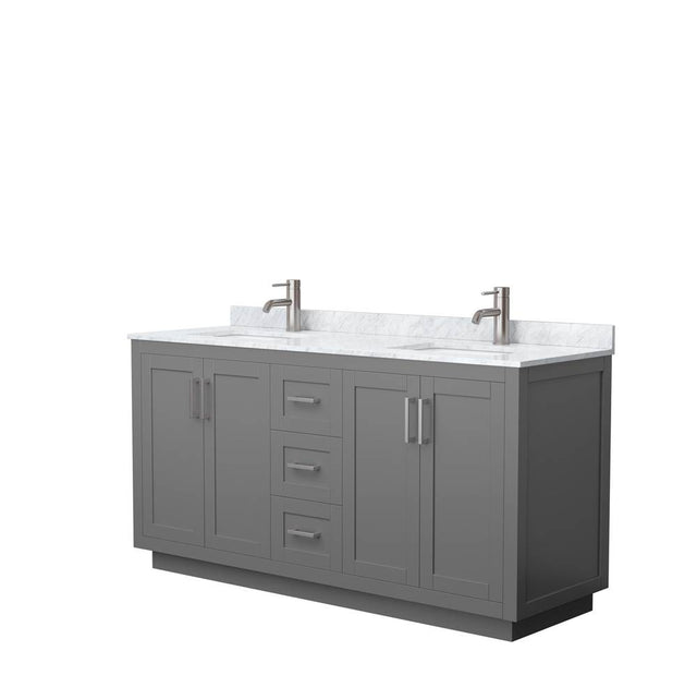 Wyndham Collection - Miranda 66 Inch Double Bathroom Vanity in Dark Gray, White Carrara Marble Countertop, Undermount Square Sinks, Brushed Nickel Trim